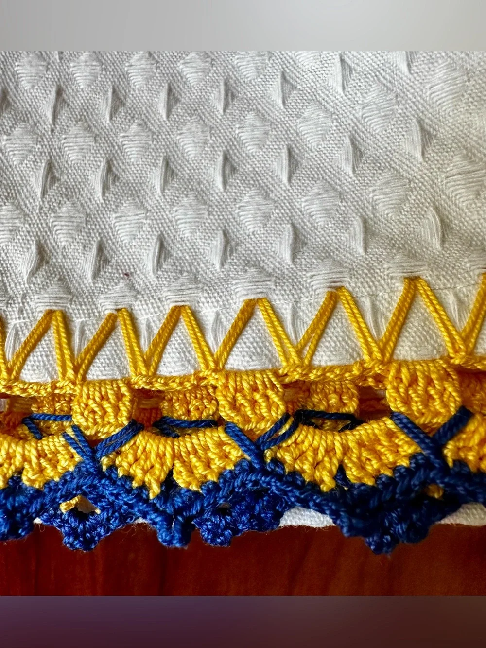 NWOT Pair of embroidered and crocheted tea towels. White cotton waffle weave.